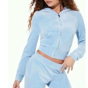Juicy Couture Velour Tracksuit Set frosted Blue Rhinestone Hoodie & Pants Small
